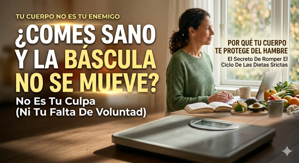 Mujer reflexiva frente a una báscula y alimentos saludables — ¿Comes sano y la báscula no se mueve? No es tu culpa ni tu falta de voluntad